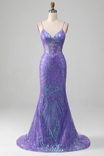 Mermaid Sparkly Purple Corset Sequin Long Ball Dress